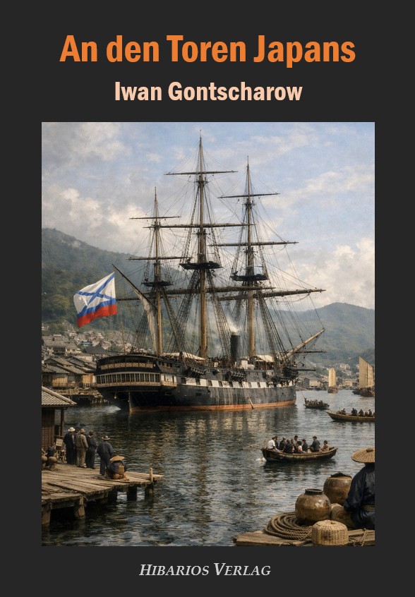 Großes Segelschiff im Hafen, Flagge am Mast, Menschen in Booten am Kai, Berge im Hintergrund.