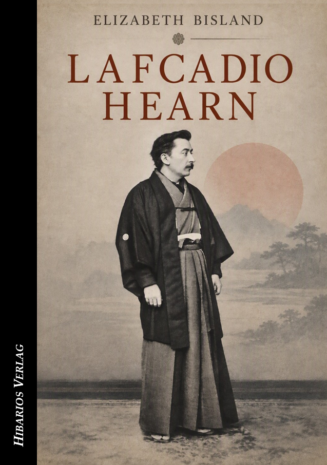 Porträt von Lafcadio Hearn mit japanischer Szenerie, Frau, Dämonmaske und Pagode im Hintergrund.